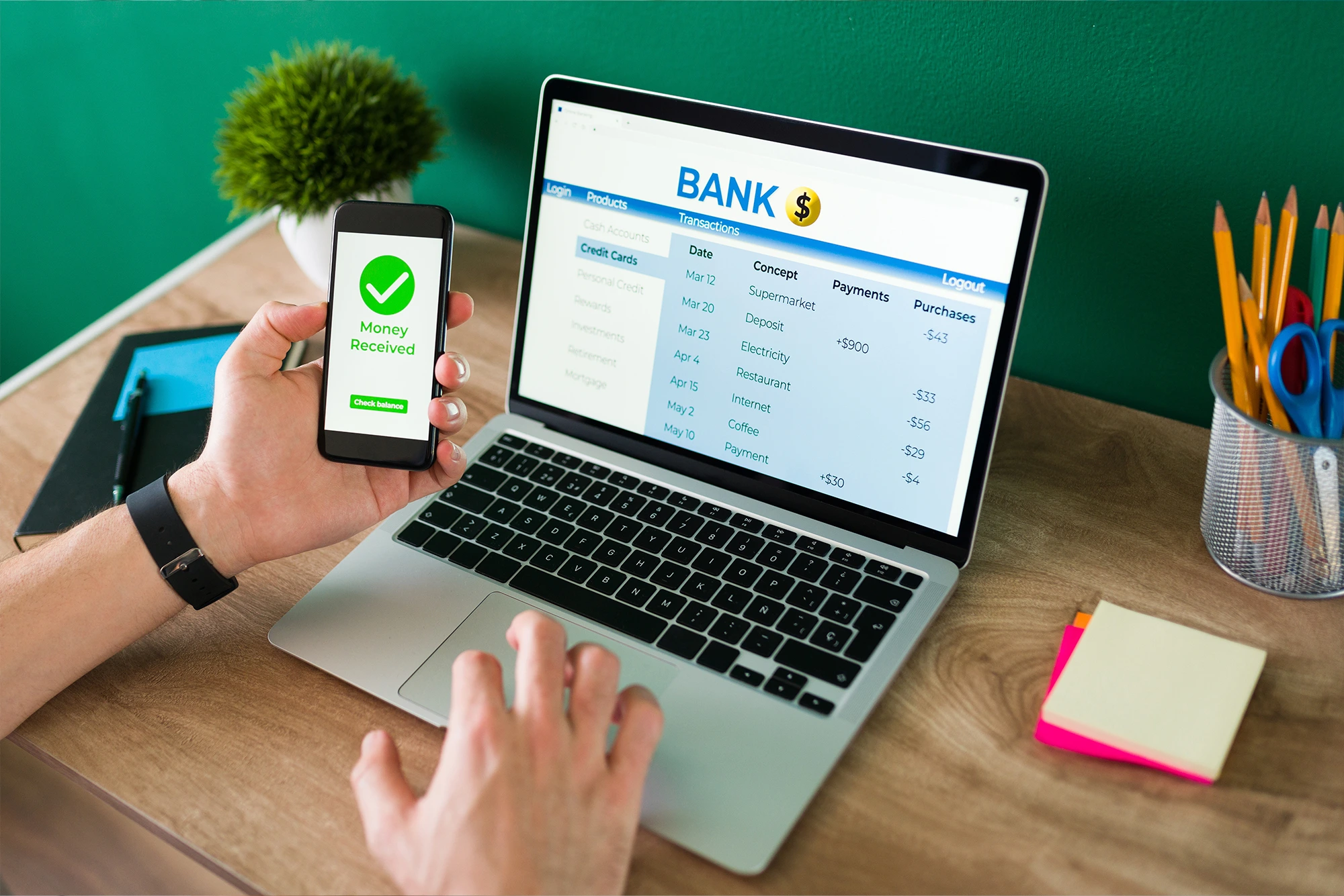 Documenting bank reconciliation and expense tracking, with laptop on desk, highlighting Bank Reconciliation.